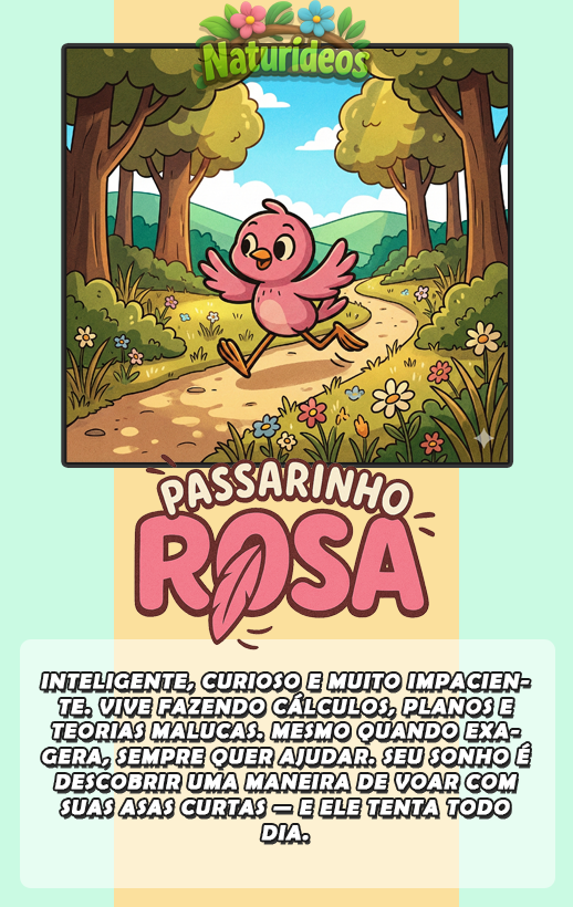 Passarinho Rosa na floresta - ilustração do personagem Passarinho Rosa do Naturideos.