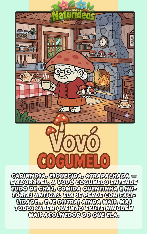 Vovó Cogumelo em sua cabana - ilustração da personagem Vovó Cogumelo do Naturideos.
