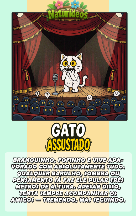 Gato Assustado em teatro - ilustração do personagem Gato Assustado do Naturideos.