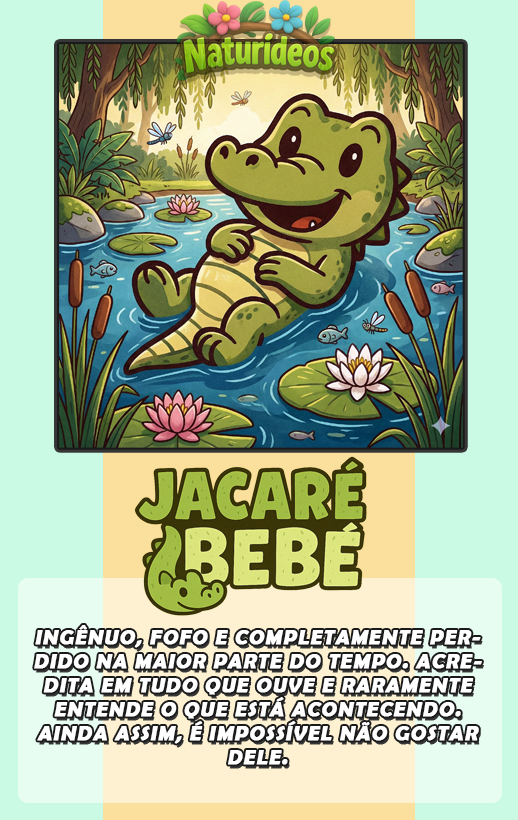 Jacaré Bebê em seu lago - ilustração do personagem Jacaré Bebê do Naturideos.