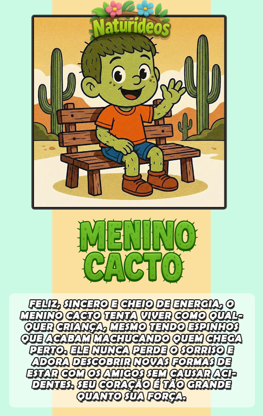 Menino Cacto sentado no banco - ilustração do personagem Menino Cacto do Naturideos.
