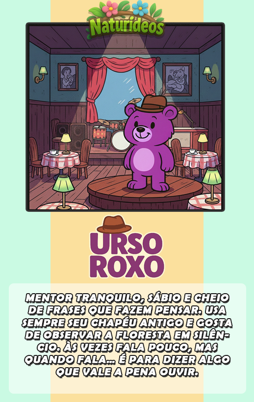 Urso Roxo em um café - ilustração do personagem Urso Roxo do Naturideos.